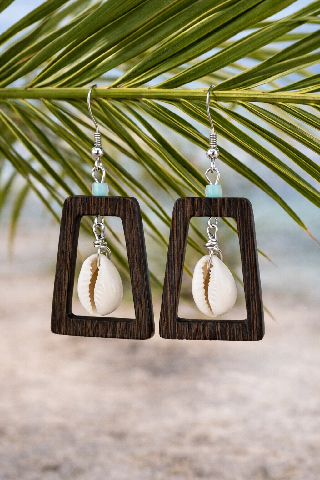 Coastal Cowrie Drop Earrings – Wood Frame Beach Jewelry